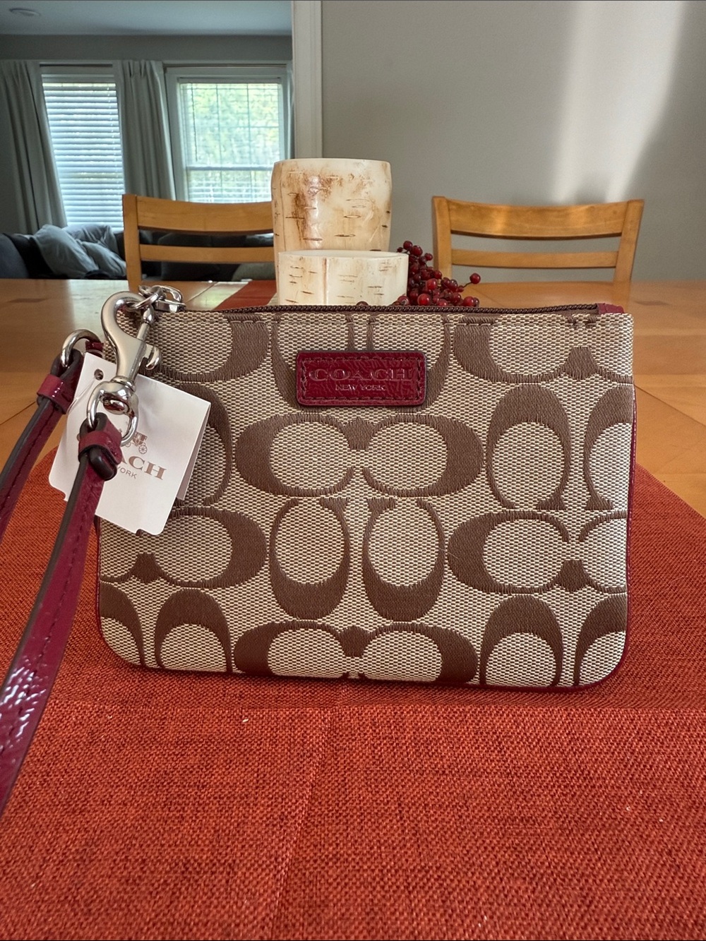 Coach Brown Signature Canvas Wristlet with Burgundy Trim